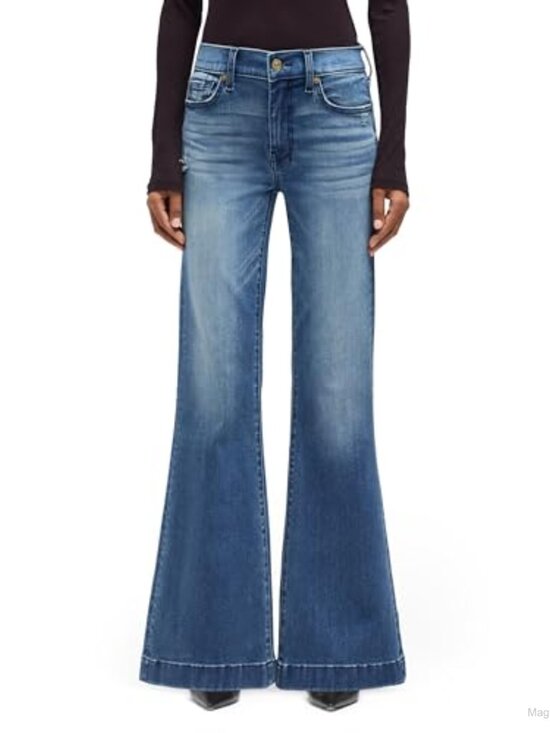 Denim - Mid Rise Flare Jeans Trouser Hem Stretch Cotton Blend